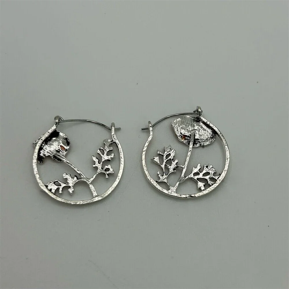 Floral Hoop Earrings Silver Tone Copper Tone Poppy Flower Leaf Branch Hinged - Picture 4 of 7